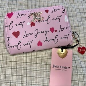Juicy Couture Pink Heart Print Zip Wallet with Gold Logo Charm